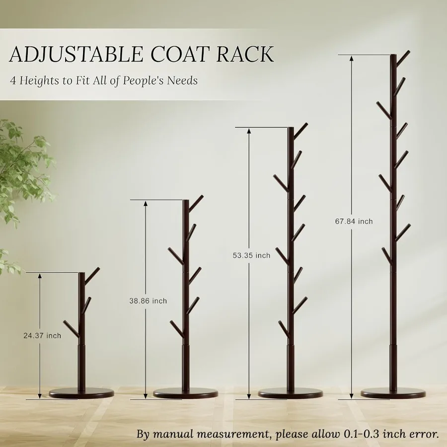 شجرة معطف خشبية قائمة بذاتها مع 4 خيارات للارتفاع و9 خطافات للاستخدام المتعدد في مكتب غرفة النوم أو المساحات الضيقة؛