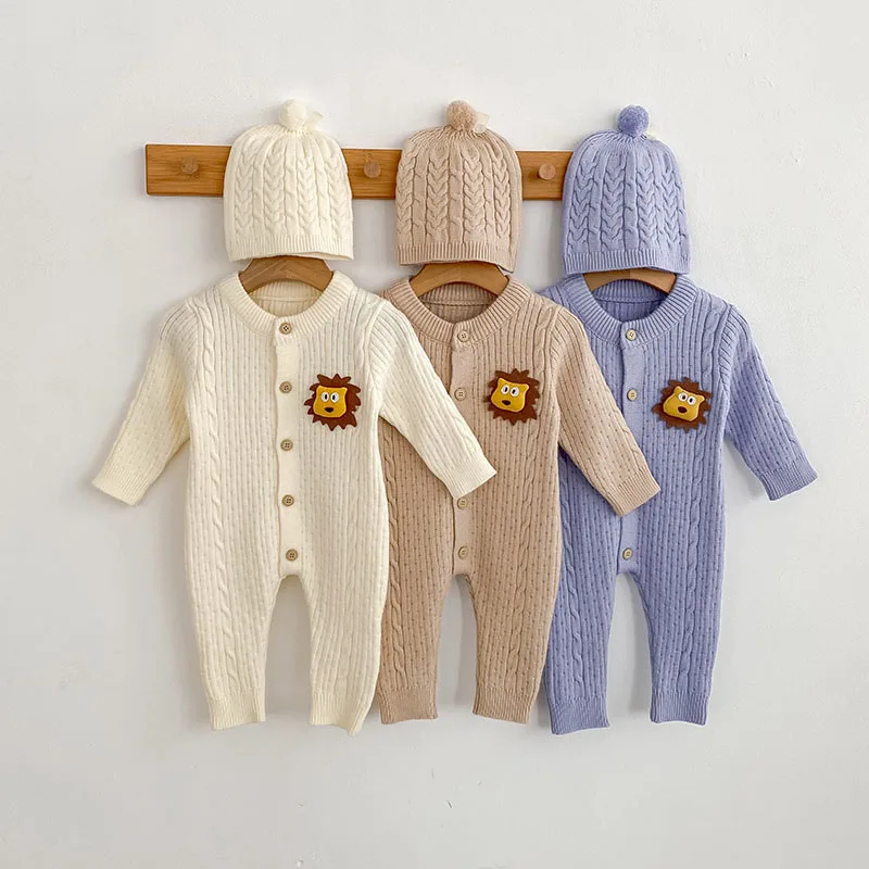 

MILANCEL Autumn Baby Rompers 3-24M Cartoon Lion Toddler Girls Knit Jumpsuit with Hat Solid Color Korean Version Infant One Piece