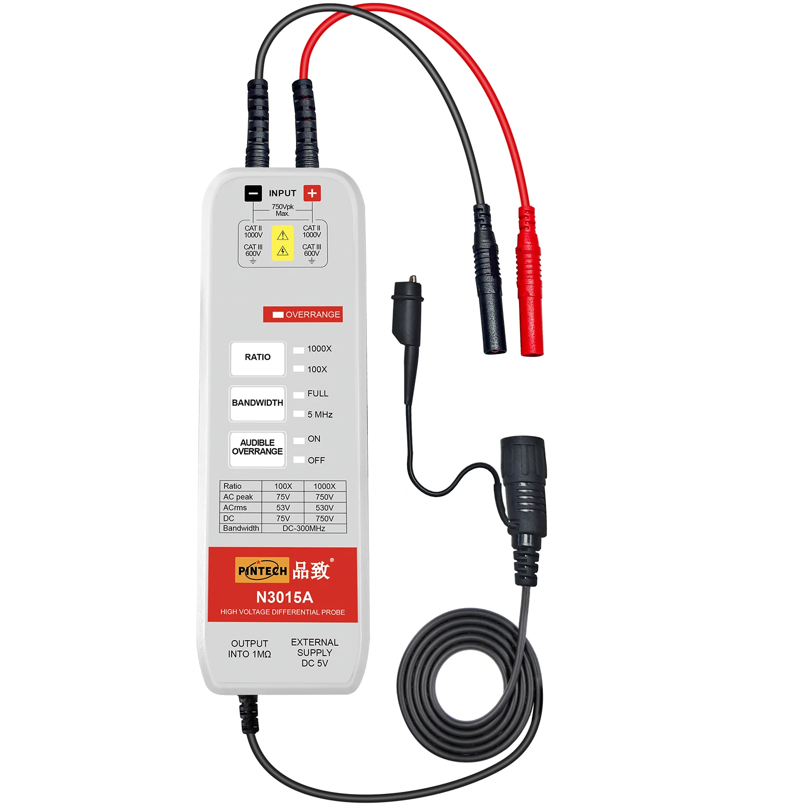 

PINTECH N3015A Oscilloscope Probe 300MHz High Voltage Differential Probe 1500V 1000X/100X Attenuation 1.2ns Rise Time