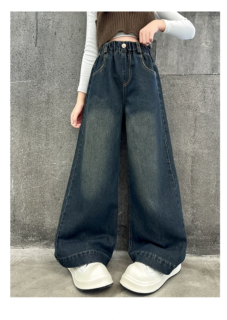 ZOETOPKID Kinder Mode High-Waist Weitbein-Jeans für junge Mädchen Streetwear Lose Denim-Hosen Kinder Dunkelblaue Jeans – Detail 3