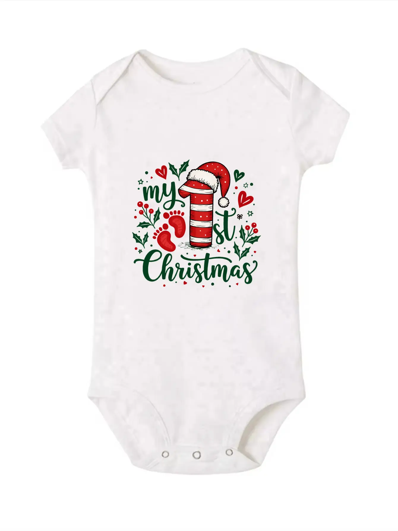 My 1st Christmas Baby Bodysuit Striped Number 1 Baby Footprint Print Newborn Romper Short Sleeve Infant Jumpsuit Xmas Baby Gift