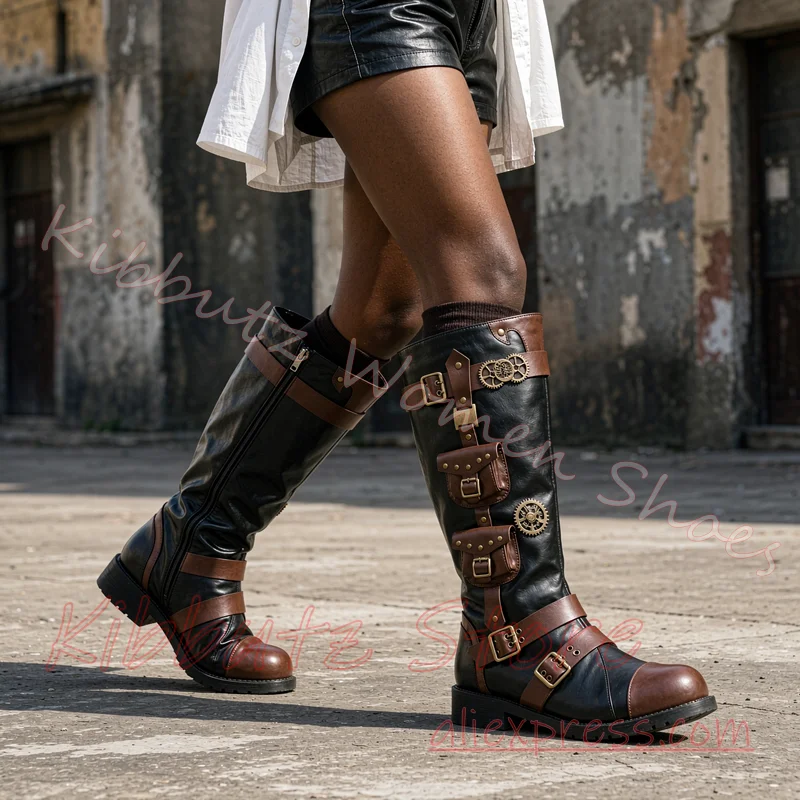 Steampunk Knee High Boots Gear Pocket Multi Buckle Side Zip Flat Sole Vintage Gothic Cosplay Renaissance Footwear Leather Sexy