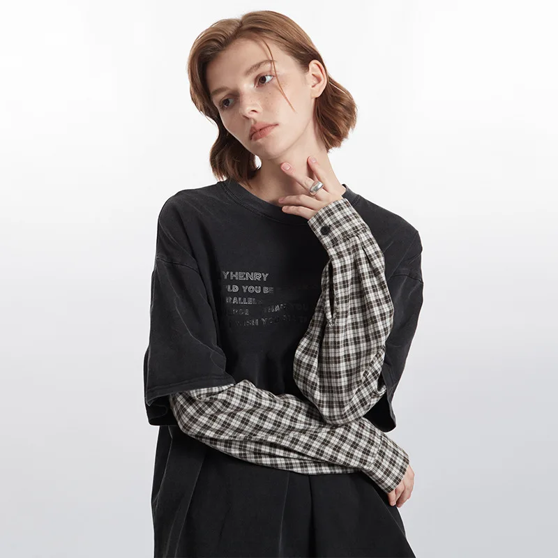 الملابس النسائية بلايز خمر المرأة وهمية قطعتين الرجعية رسالة مطبوعة بأكمام طويلة زوجين تي شيرت مع بلايز الألوان المتناقضة