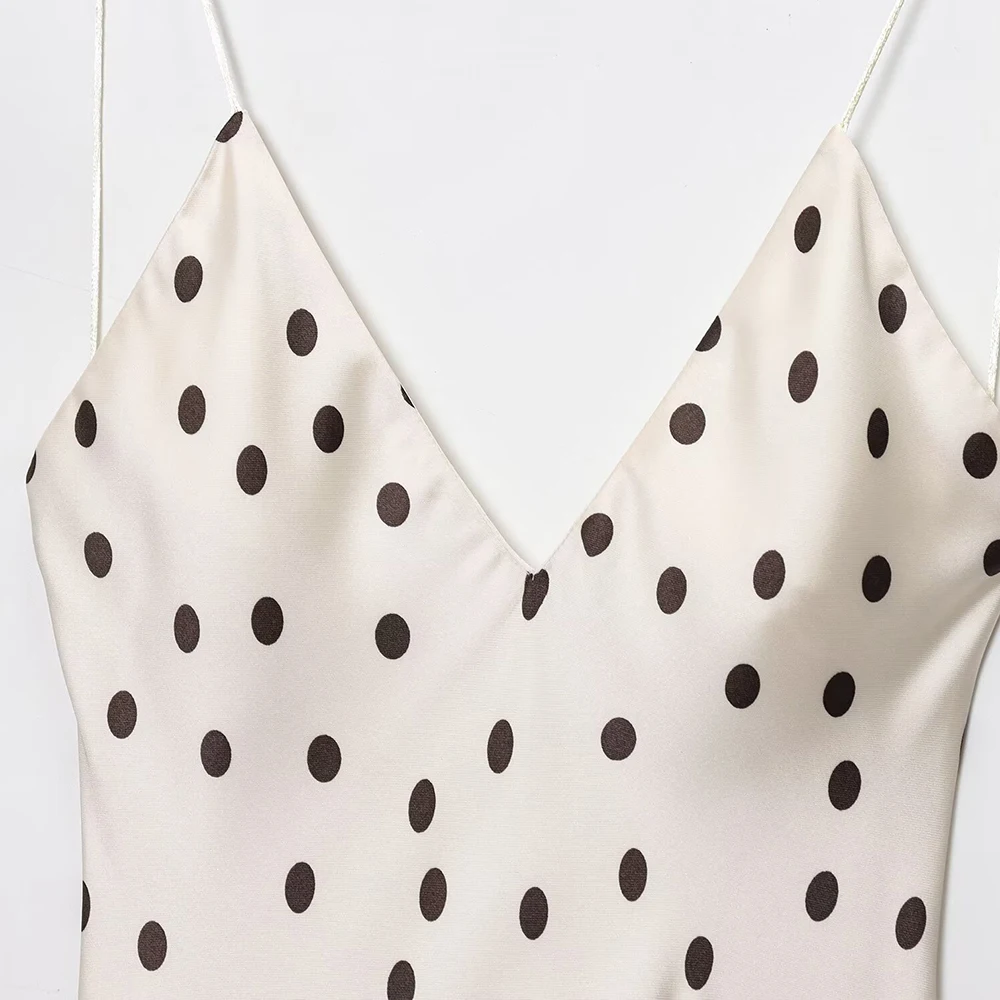 Women's A-Line Satin Midi Dress V-Neck Backless Polka Dot Vestidos Spaghetti Straps Summer Club Party Dress 3067214