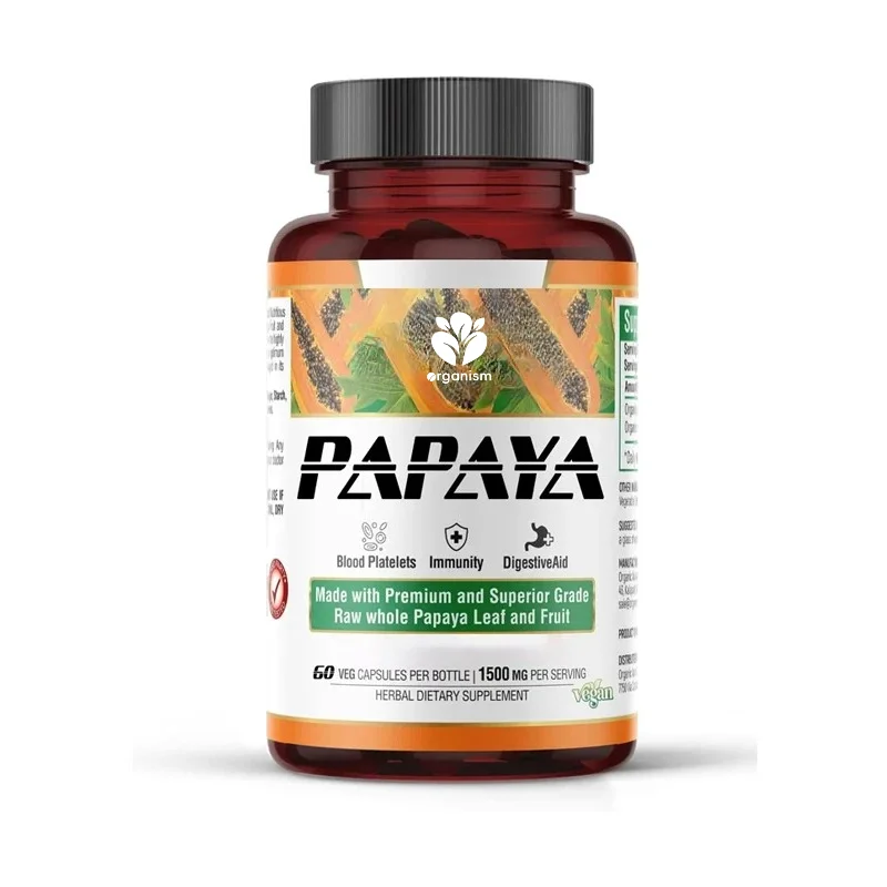 Papaya capsules, single capsules contain the benefits of papaya fruit. Each serving contains 60 vegetable capsules.