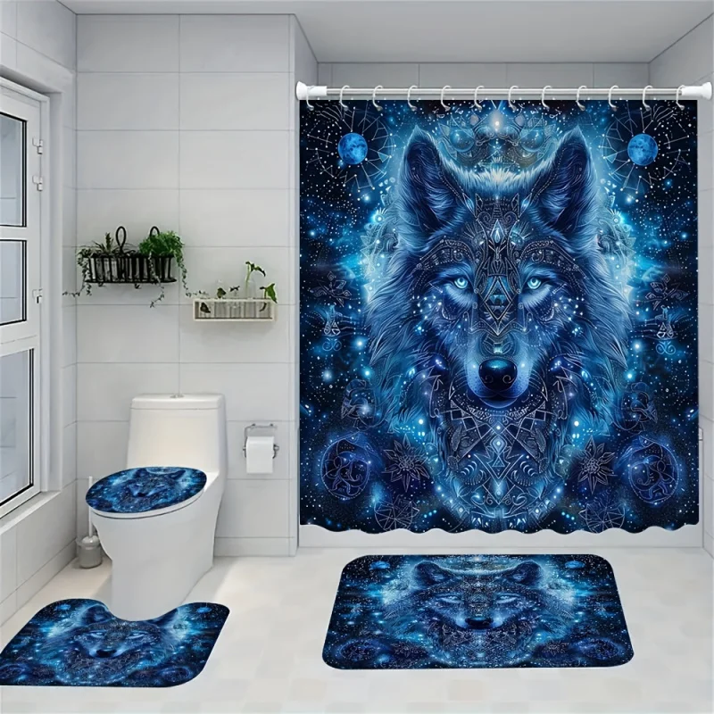 Wolf Totem Printed Shower Curtain Set with Non-slip Mats, Toilet Lid Cover, Bathroom Rug, 12 Plastic Hooks Included - Water-Resi