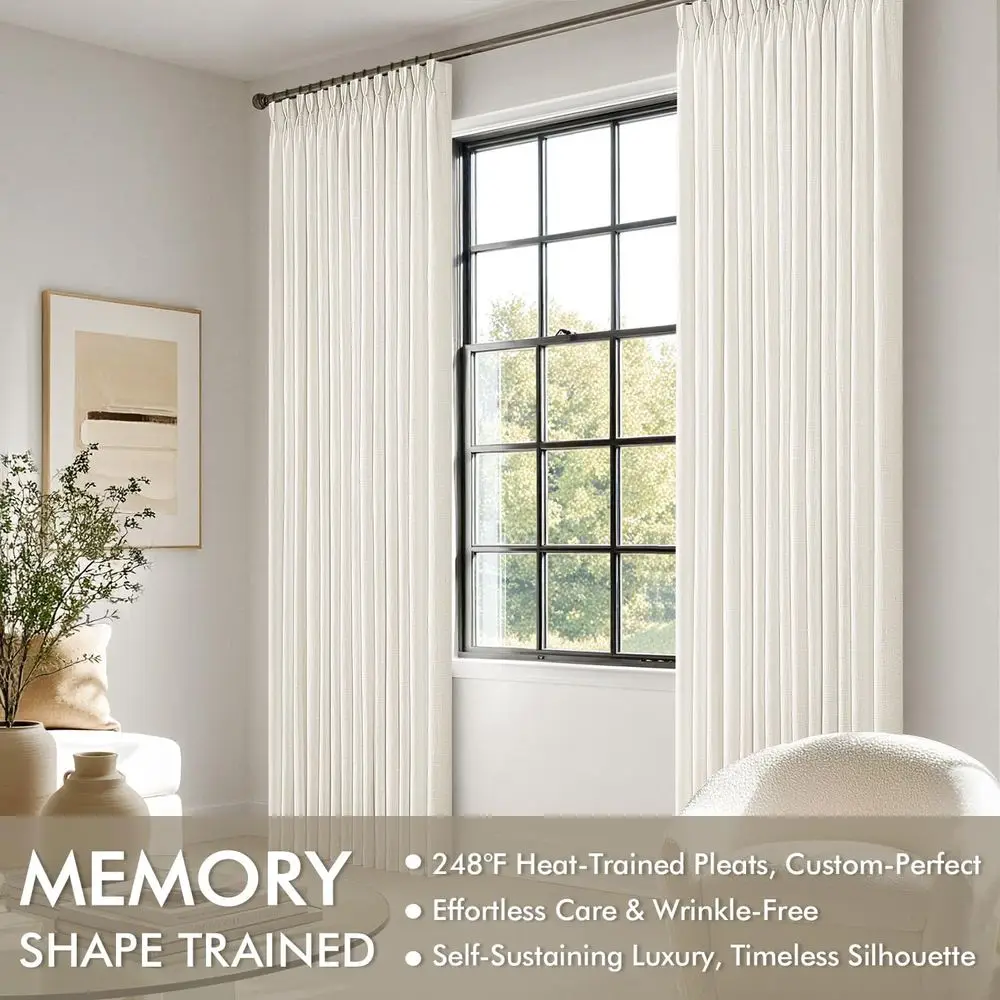 Linen Pleated Drapes, 84 Length, 2-Panel Set, Neutral Ivory, Light Filtering for Living Spaces