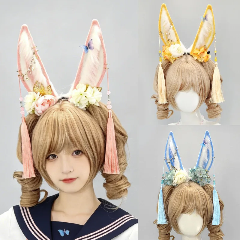 

Handmade Jade Rabbit Ears Headband Chinese Style Plush Bunny Ear Hair Hoop with Flower Tassel Ancient Cosplay Props for Anime Co