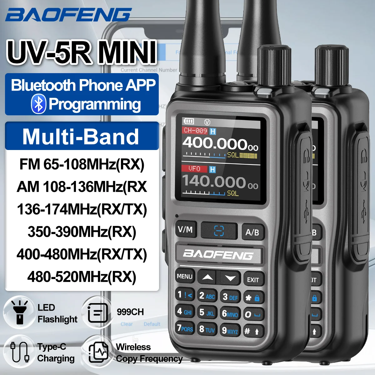 1/2PCS BAOFENG UV-5R Mini Walkie Talkie Dual PTT Wireless Bluetooth Programming Multi-Band Type-C Charge Long Range Ham Radio