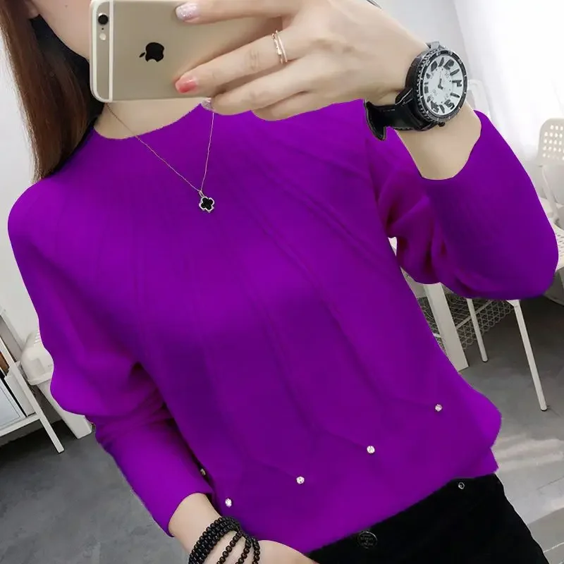 Fashion O-Neck Solid Color Diamonds Sweater Women\'s Clothing Spring New Loose Casual Pullovers All-match Korean Tops V1477