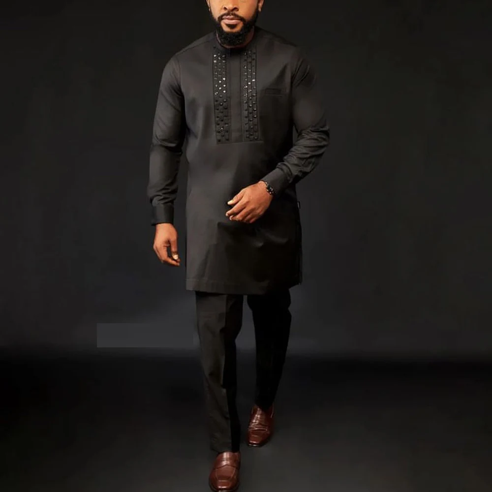 Mann setzt Outfit Hochzeit Afrika Perlen lang ärmel ige Top-Hosen Kaftan traditionelle Kleidung Kosten ethnische lässige Männer 2 Stück Anzug – Detail 4