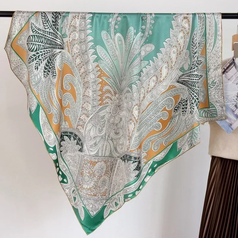 

High-end Elegant Women Exquisite Vintage Cashew Flower Print Quality Plain Satin Silk Hand-rolled Edge Large Square Scarf Shawl
