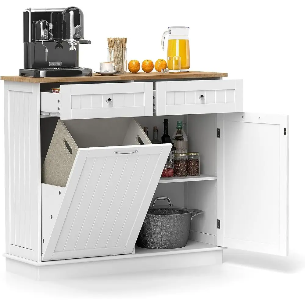 

Шкаф для мусора кухонного острова с ящиками, регулируемая полка, верхняя часть из резинового дерева, отдельно стоящая корзина для белья, белая Recyc с защитой от домашних животных