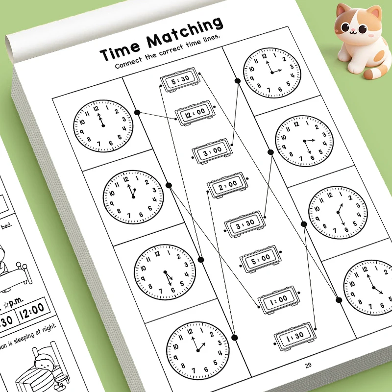 Kids Telling Time Workbook with 32 Pages, Analog Clock Hour & Minute Recognition Practice Book, Math Educational Activity Book