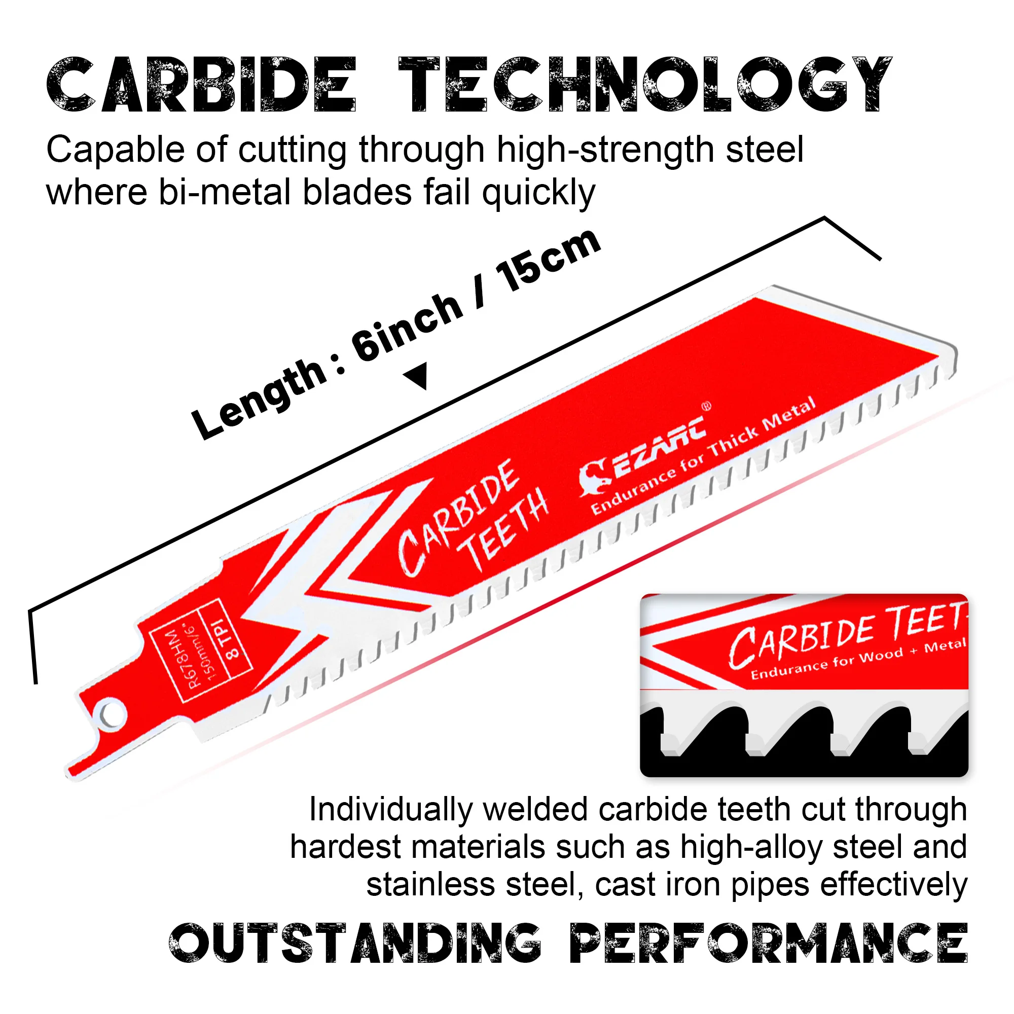 EZARC Resistencia de hoja de sierra recíproca de carburo de 150 mm para metal grueso, hierro fundido, acero de aleación, hojas de sierra resistentes de 6 pulgadas 8TPI
