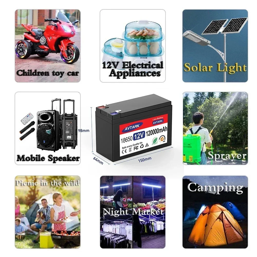 12V 120Ah Rechargeable Battery With BMS for solar energy, Fish Finder, Scooter, Light, Kids Car, with Charger lithium battery