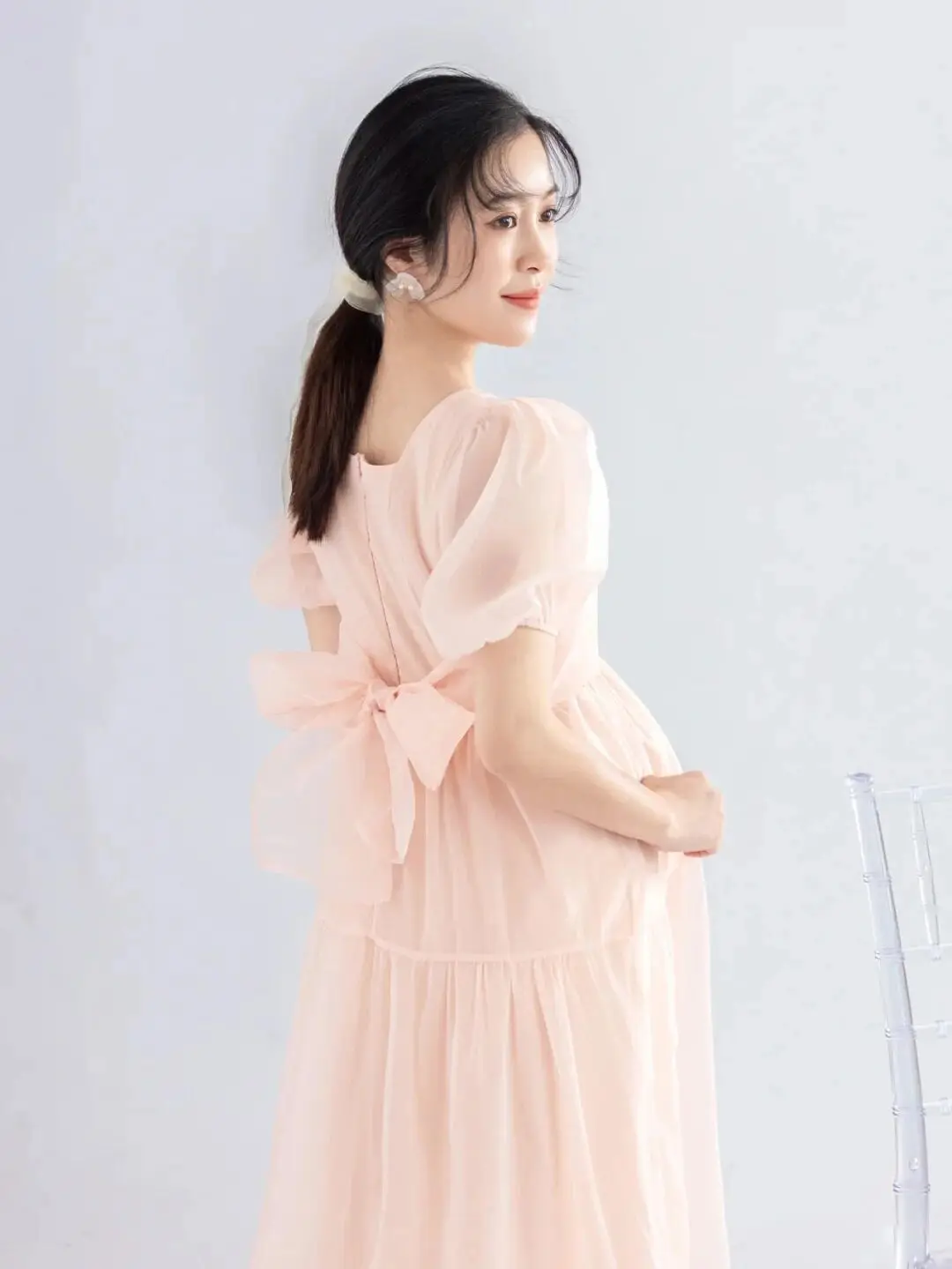 فستان وردي قصير الأكمام فساتين صور الأمومة فستان الحمل لالتقاط الصور فستان شبكي طويل