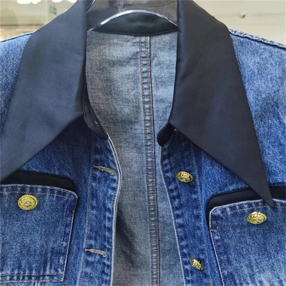 Abrigos vaqueros con cuello vuelto para mujer, botones dorados, azul, Tops que combinan con todo, Chaquetas vaqueras de manga larga, recién llegados, otoño