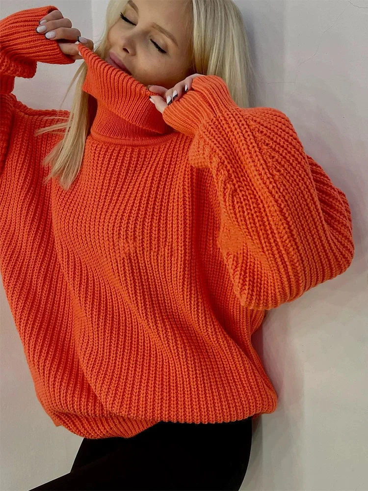 Pullovers Women Knitted Turtleneck Sweaters Full Sleeve Solid Jumpers Warm Elegant Splice Thick Knit Autumn Winter 2024