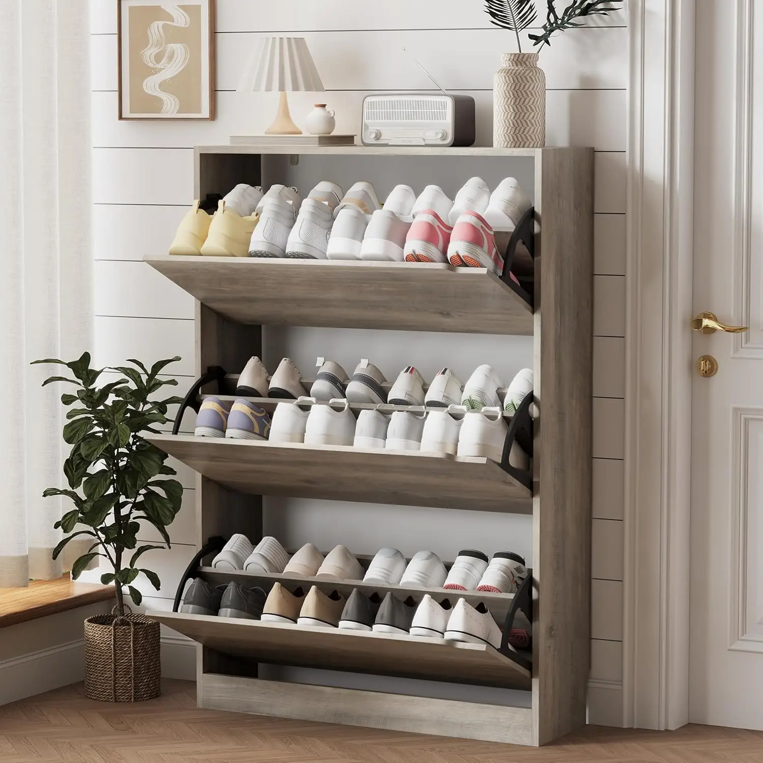 

Hidden Shoe Storage Cabinet - Freestanding, Narrow, Grey with 3 Flip Drawers - Ideal for Entryway, Living Room, Bedroom, Hallway