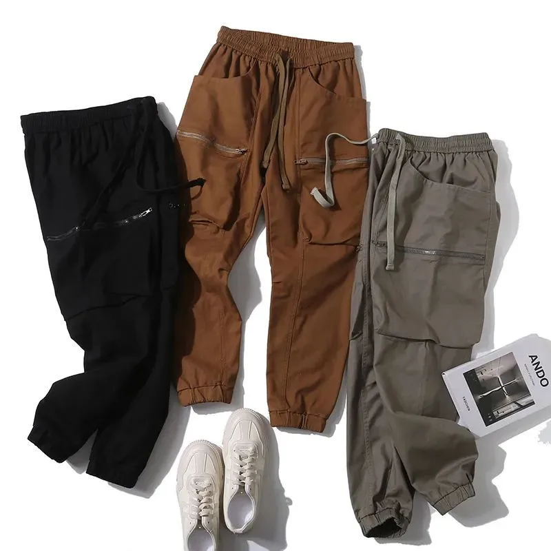 AMEKAJI Cargo Pants Zipper Large Pocket Autumn Men's Tie Mouth Casual Trousers Outdoor Trekking Hiking Climbing Camping Daks