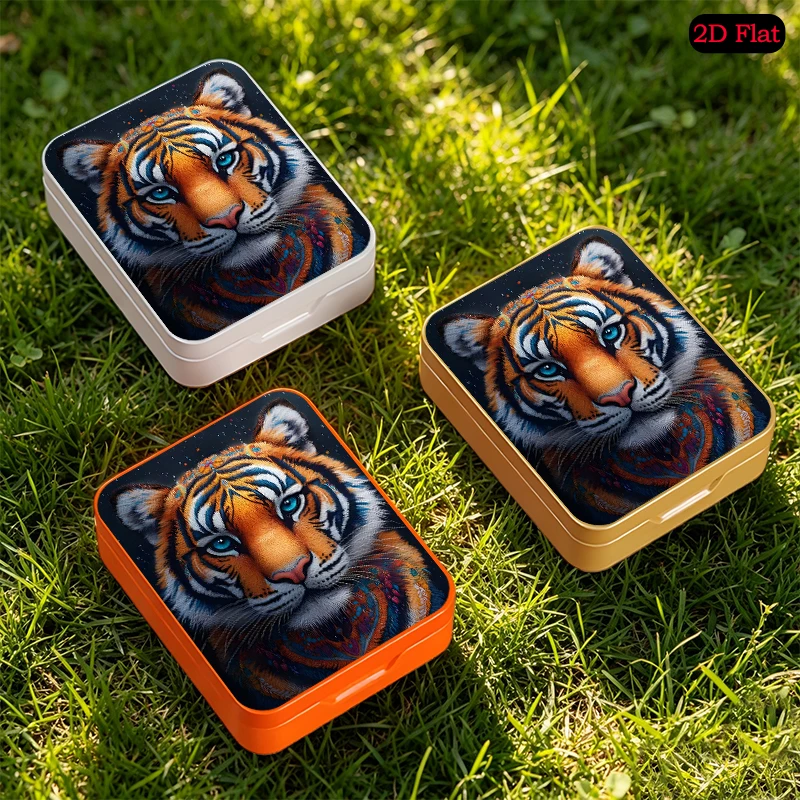 Ornate Tiger Portrait Theme Multi-purpose Desktop Decor Tin Box, UV Printed Flip Top Metal Tin Box, Square Tin Box
