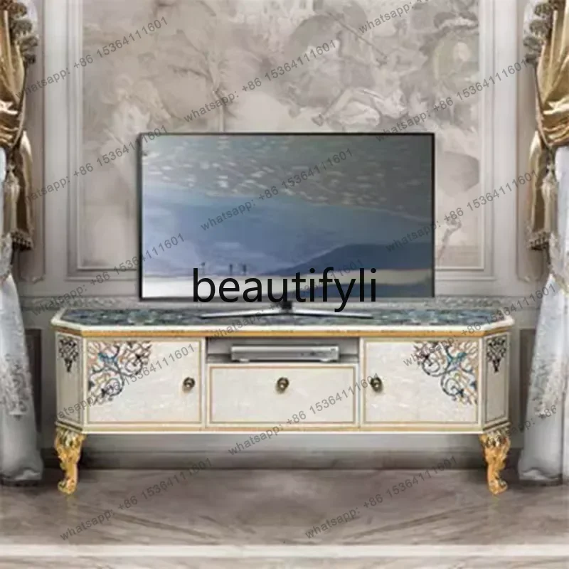 French solid wood carving flower TV cabinet palace shell parquet paint floor cabinet