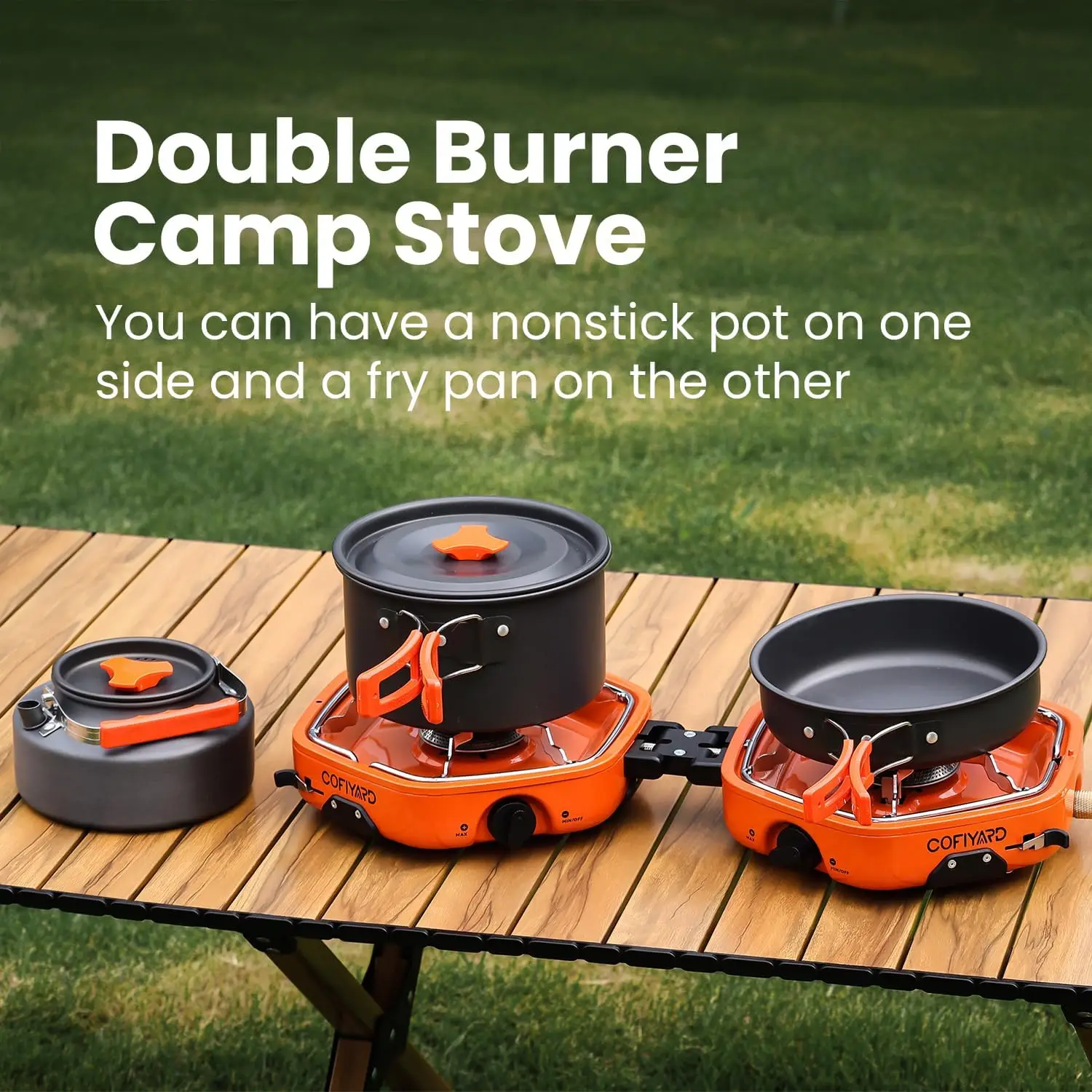 2 Burner Camping Stove with Camping Cookware, Outdoor Folding Propane Gas Stove, Camp Portable Stove and Camping Cooking