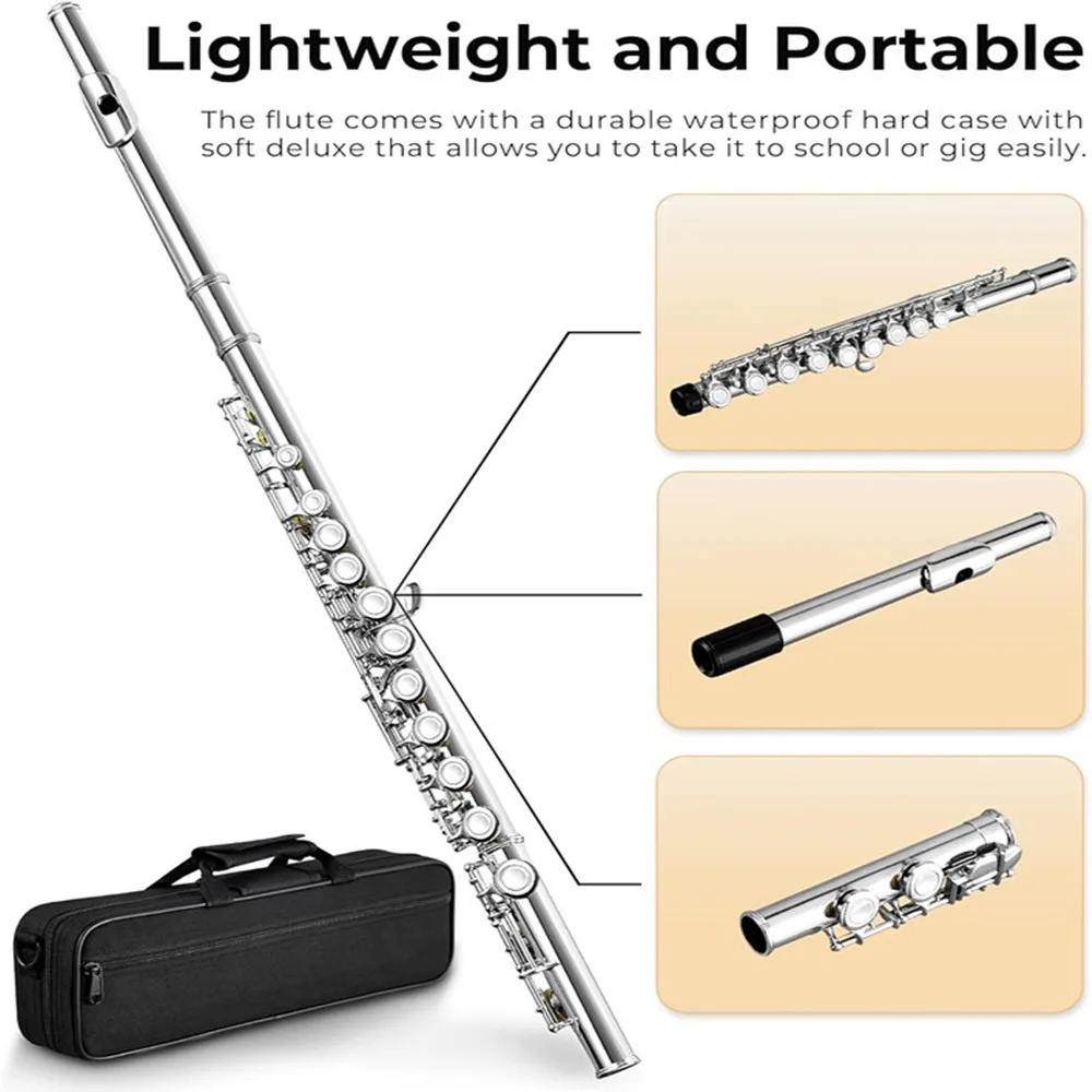 Buraco fechado C flautas com estojo de transporte, 16 teclas, flauta niquelada, instrumento para iniciantes, estudantes, crianças, banda da escola,