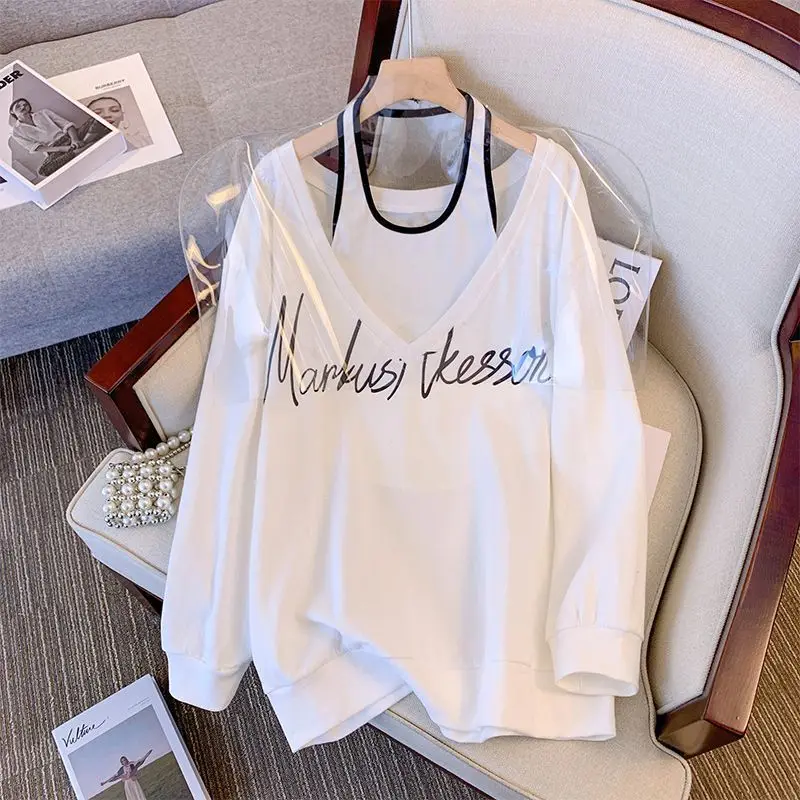 قطعتين مجموعة فضفاضة طباعة الشارع عارضة هوديس بلوزات ربيع الخريف طويلة الأكمام بلوزات على الموضة الكورية كسول النساء الملابس