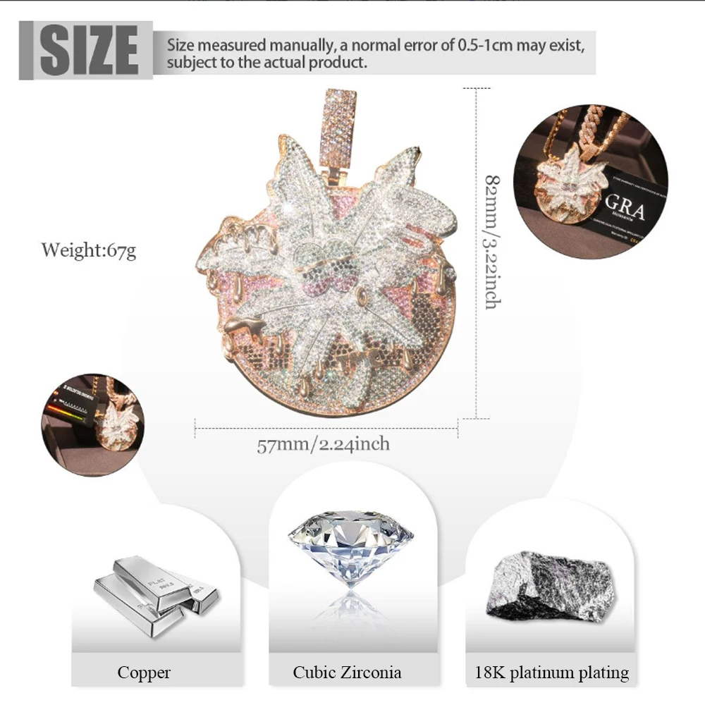 LYEE CYEE Luxury Iced Out Multicolored Zircon Dripping Weed Pendant 3D Eye Necklace Hip Hop Style Rapper Party Jewelry