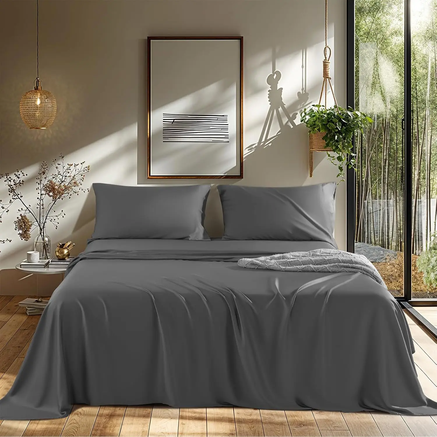 

Cooling Bed Sheet 100% Viscose Derived from Bamboo Sheet Set 4 Piece Queen Size,Fit Up to 16" Deep Mattress, (Queen Dark Gray)