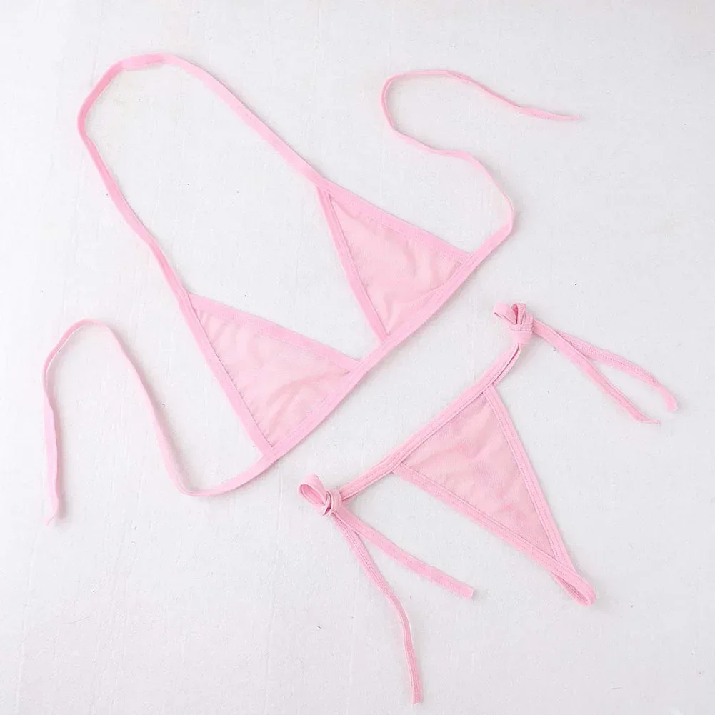 Womens Sexy Mesh Strap Lingerie Bikini Swimwear Bra With Tie Side Thong Beachwear Strap Bra Underwear Set Casual Female Bikini