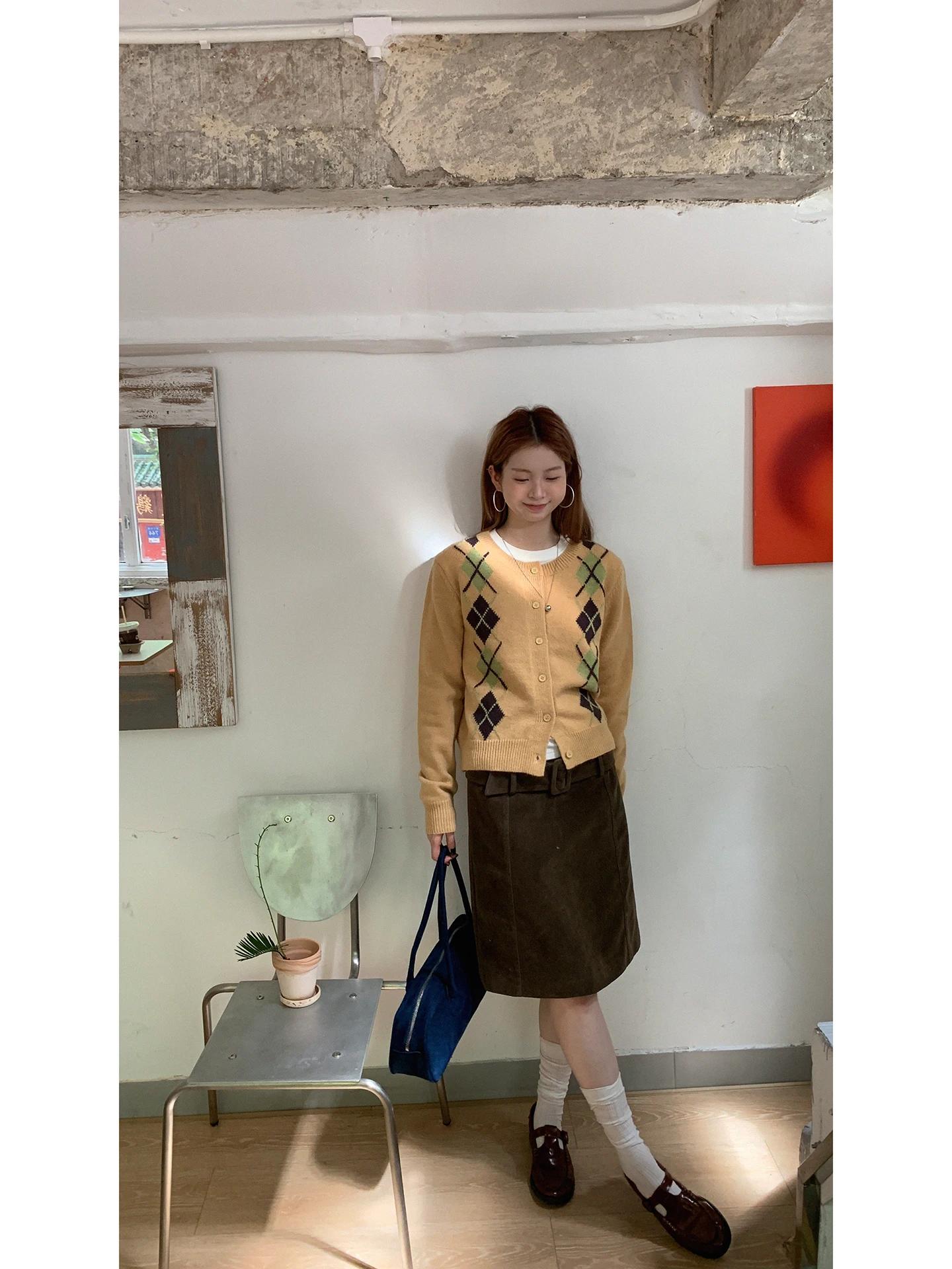 เสื้อคาร์ดิแกนถักสีเหลืองแบบเปิดสำหรับผู้หญิง แขนยาว สไตล์เกาหลี ลายเพชร แฟชั่นฤดูใบไม้ร่วง เหมาะสำหรับใส่ไปทำงาน...