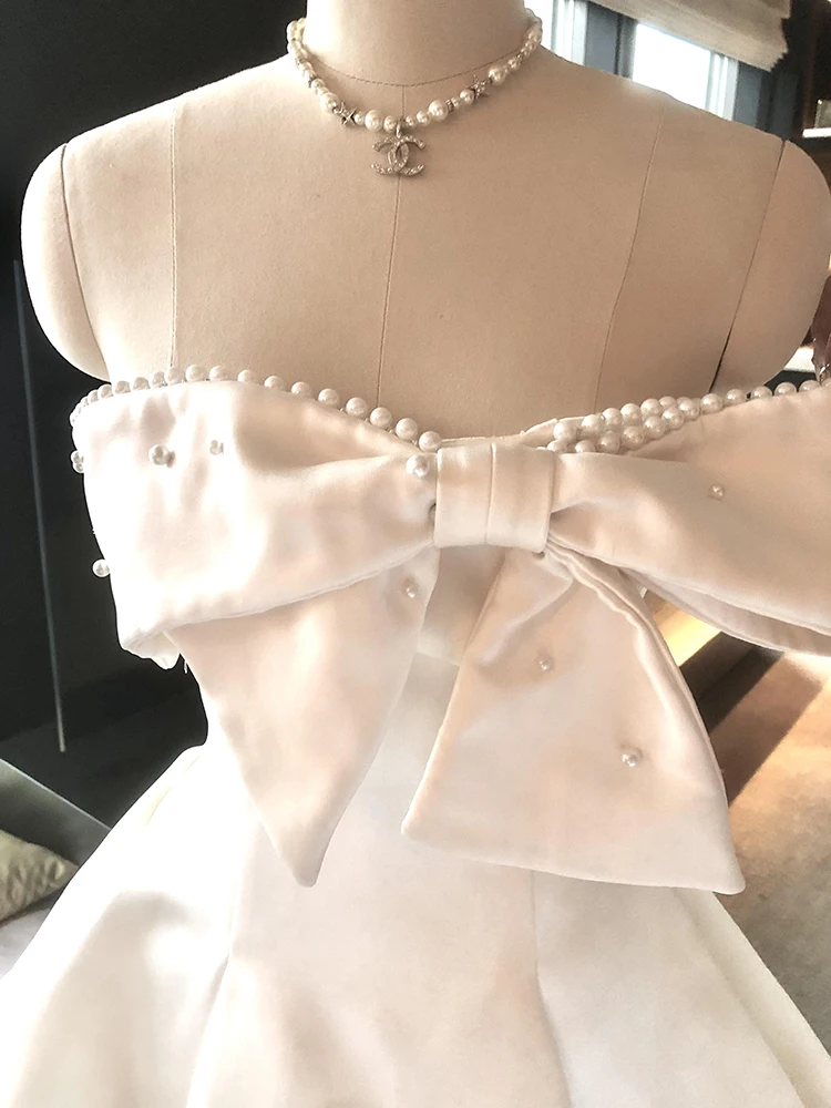 REDDACHiC Cutecore Bow Abito da festa da donna Perla con perline Spalle scoperte Senza spalline Mini abito lucido Abiti estivi da principessa