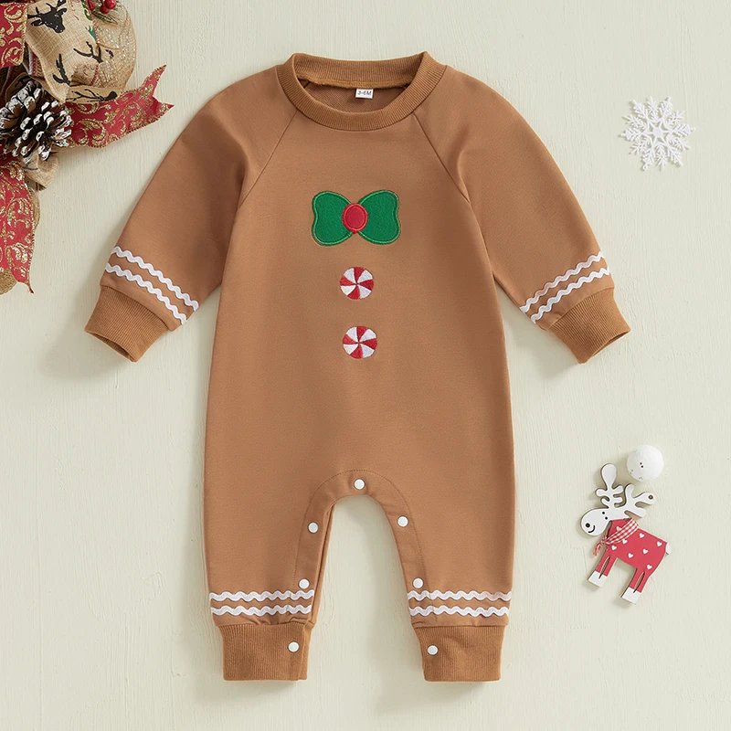 Newborn Baby Boy Girl Gingerbread Costume Round Neck Long Sleeve Full Length Romper Jumpsuit Fall Christmas Clothes