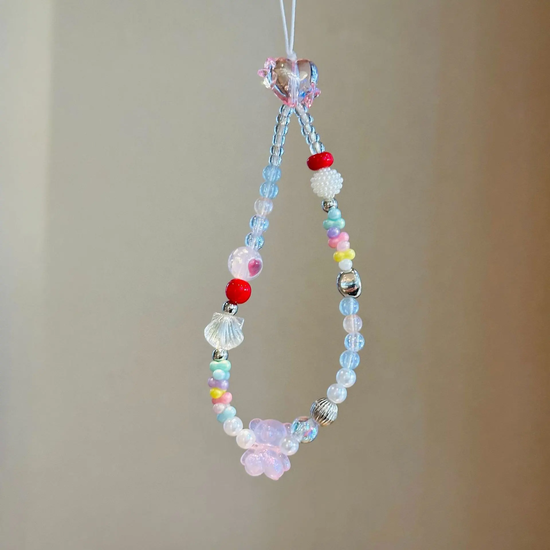 Cadena para Teléfono con Cuentas de Corazón de Oso Kawaii, Estética Y2K, Colgante Arcoíris para Móvil, Correa de Muñeca, Cordón Colgante, Colgante DIY Hecho a Mano