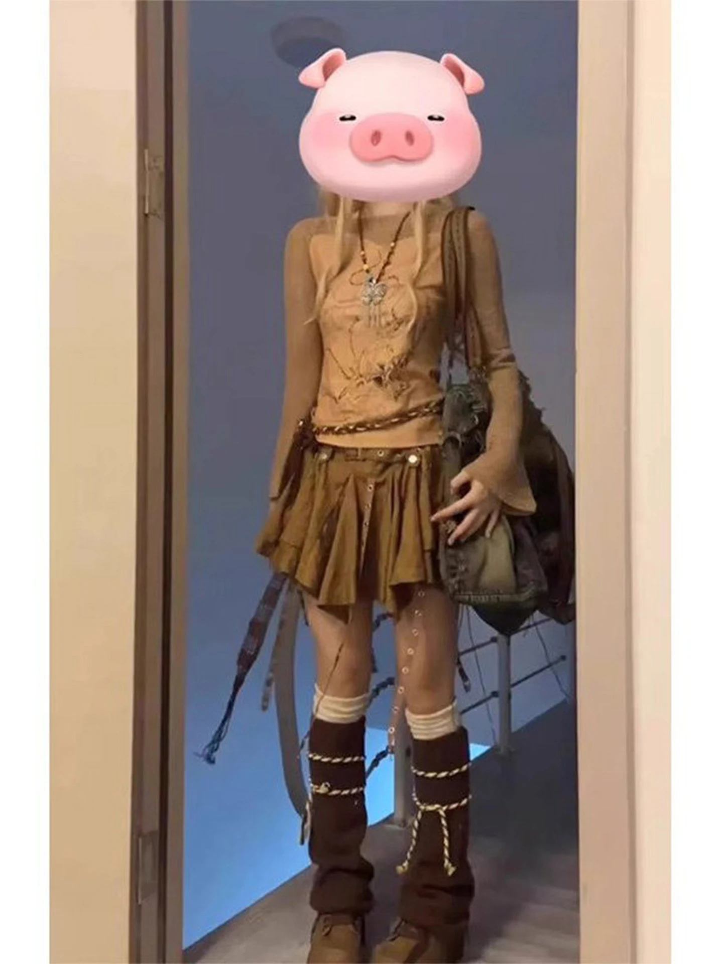 

Коричневая марлевая юбка женская, весна-лето, винтажная, с завышенной талией, двухцветная, А-силуэт, с поясом, повседневная, короткая