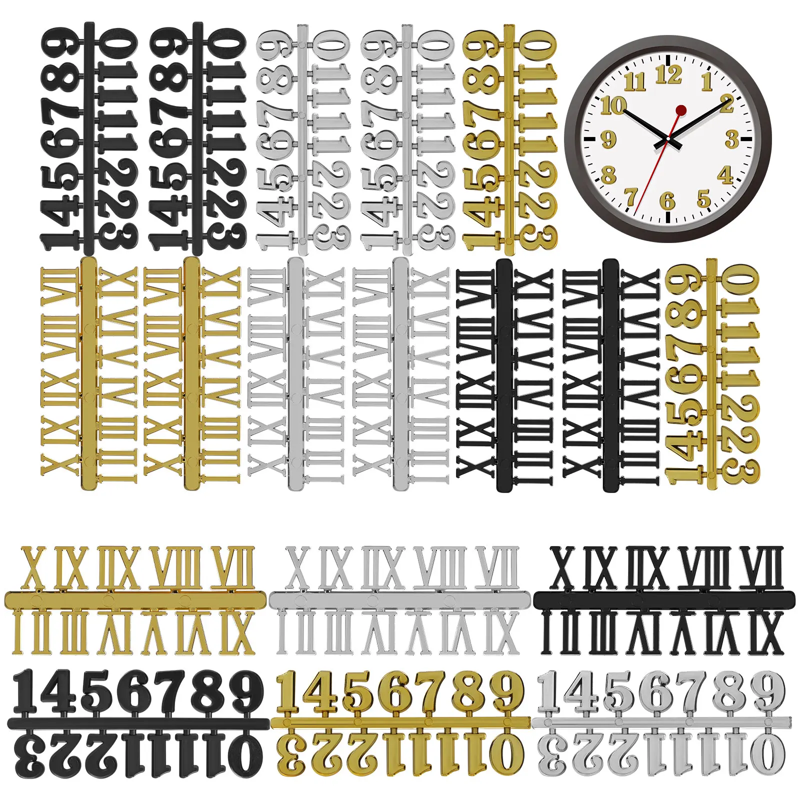 18Pcs Clock Numbers Kit - Versatile DIY Clock Numerals Accessories with Arabic Roman Blocks for Home Office Wall Art Decoration