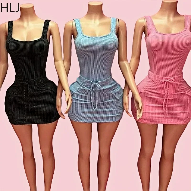 

HLJ Ribber Sexy Bodysuits And Mini Drawstring Skirts Two Piece Sets For Women Sleeveless Elasticity Slim Outfits Female Clothing