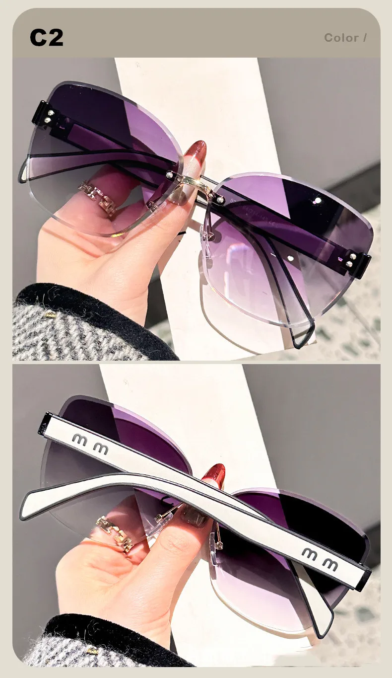 Cat-Eye-Mode-Sonnenbrille mit großem Rahmen, 2025, neuer UV-Schutz, rahmenlos, für Damen, Kantenschneiden, DS-8208 – Detail 9