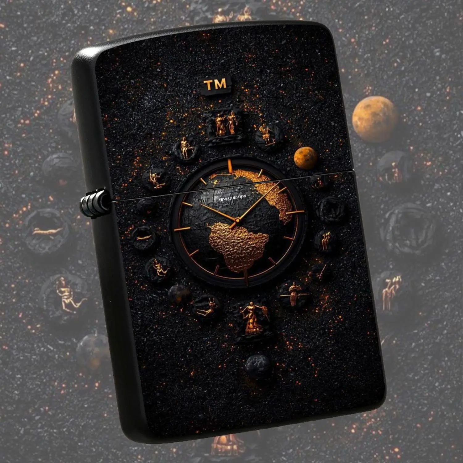 Creative Black Gold Embossed Clock Ornament Artistic Earth Pattern Retro Light Luxury Accessory Full-Scene Exquisite Gift Personalized Trend Desktop Collectible Practical Portable Present A Humorous And Interesting Lighter