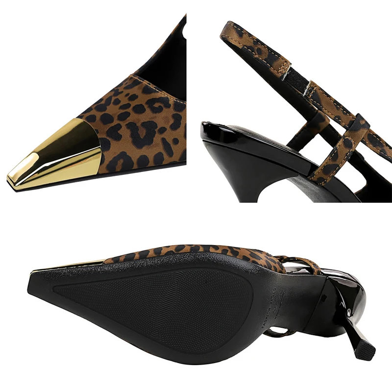 Sommer Damen Sandalen Leopardenmuster High Heels Metall spitze Spitze Hochhackige Sandalen Hinten leer Hinterer Riemen Stiletto Heels Lady