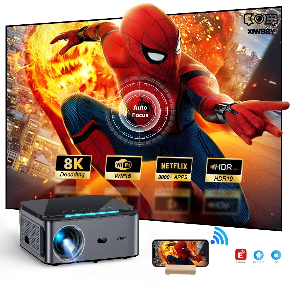 

XIWBSY 1000ANSI Android Projector 25000 Lumens 4K AutoFocus/Keystone Projector Office Video Home Theater Portable Beamer Outdoor