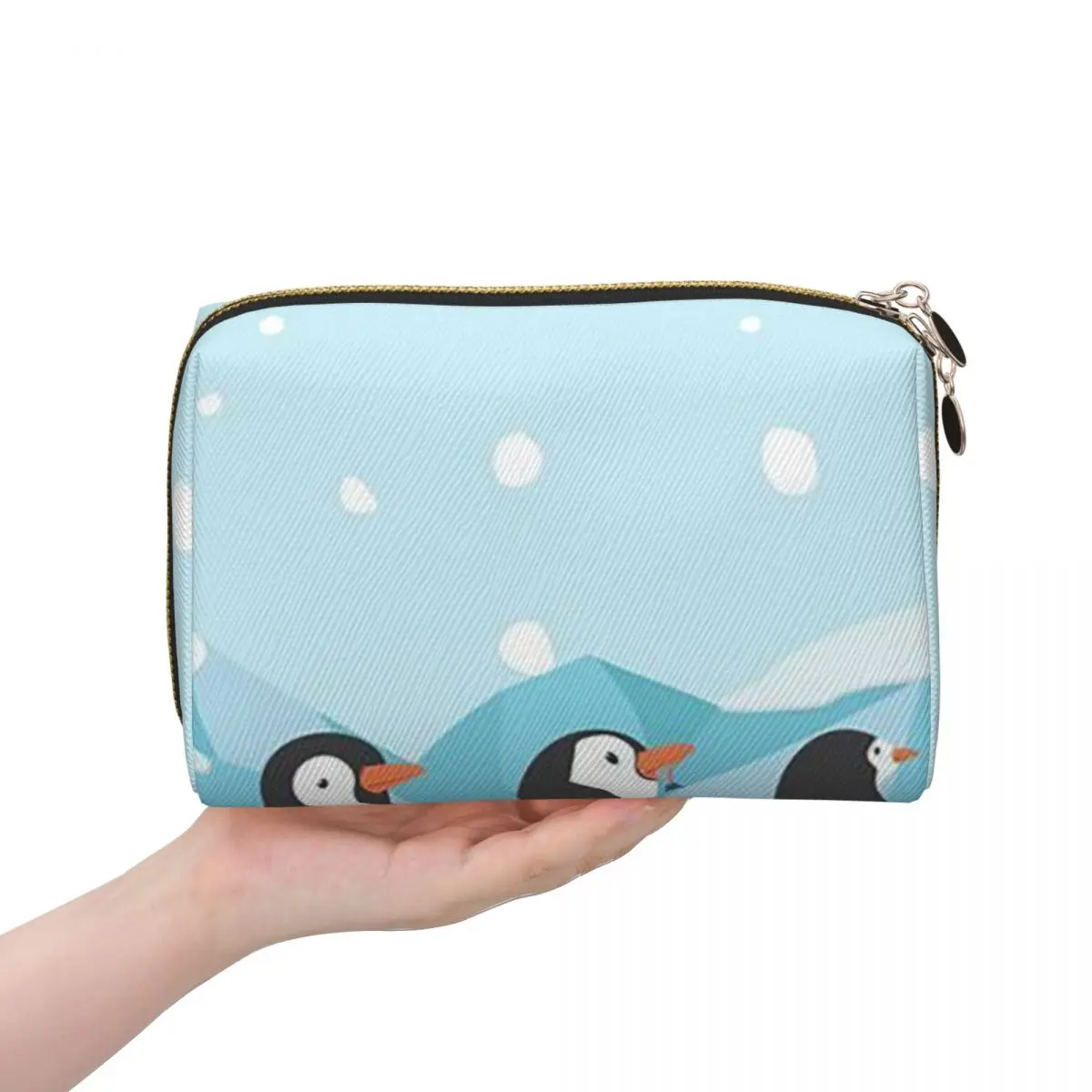 Penguin Waddle In The Snow Women Cosmetic Bag Travel Makeup Organizer Pouch Toiletry Storage Dopp Kit Case