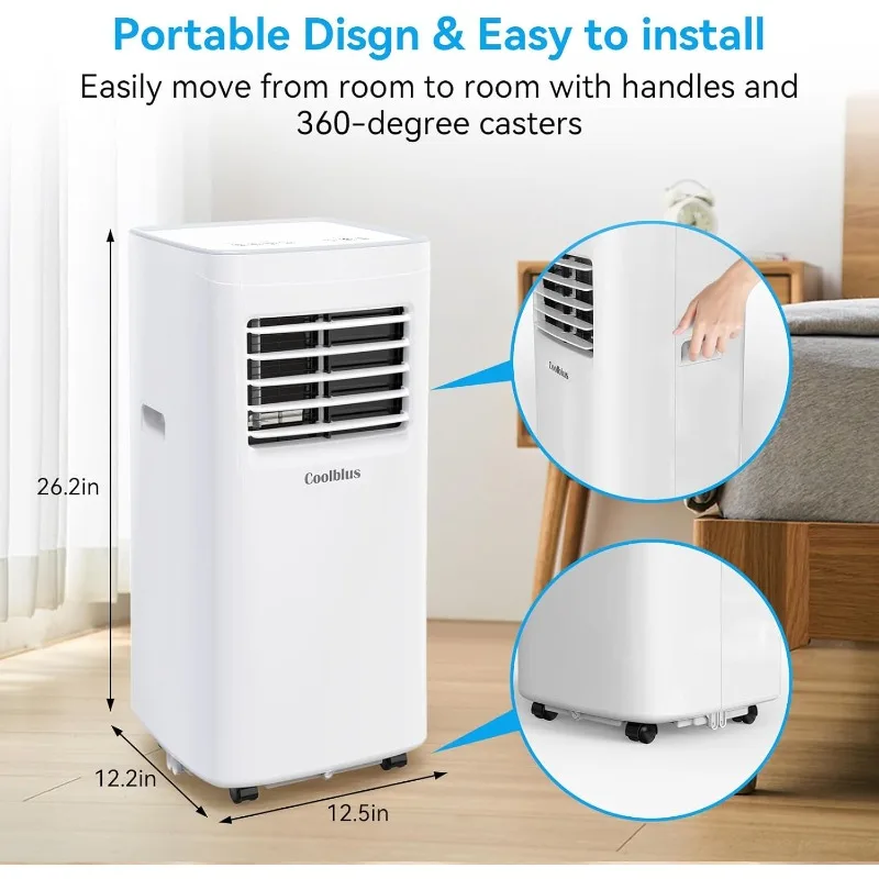 Draagbare Airconditioner, 8500 Btu Draagbare Ac Tot 360 Sq,3 In 1 Met Afstandsbediening, Wit