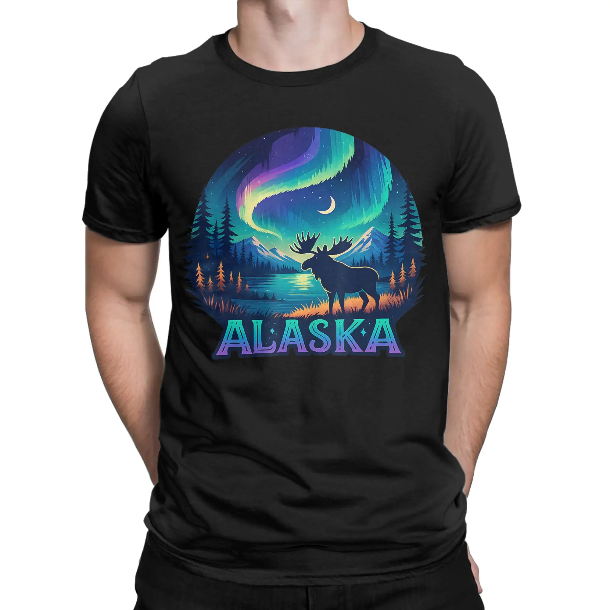 Alaskan Bear Moose Eagle Lake and Mountain Aurora Borealis T Shirt Men's  Cotton T-Shirt Round Neck  Tee Shirt Short Sleeve Tops