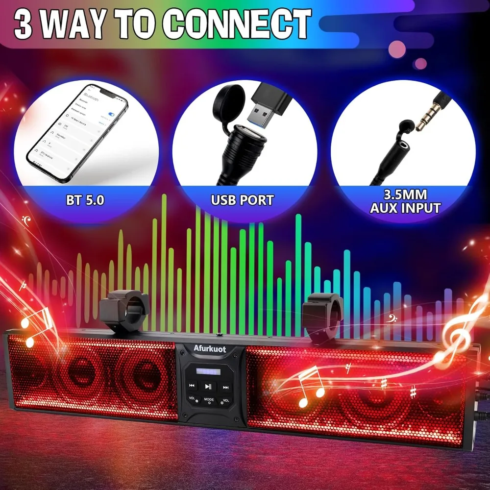 26-Inch UTV Sound Bar, Waterproof Multicolor Music Sync 6-Speaker ATV Golf Cart Sound Bar with Back Light Strip