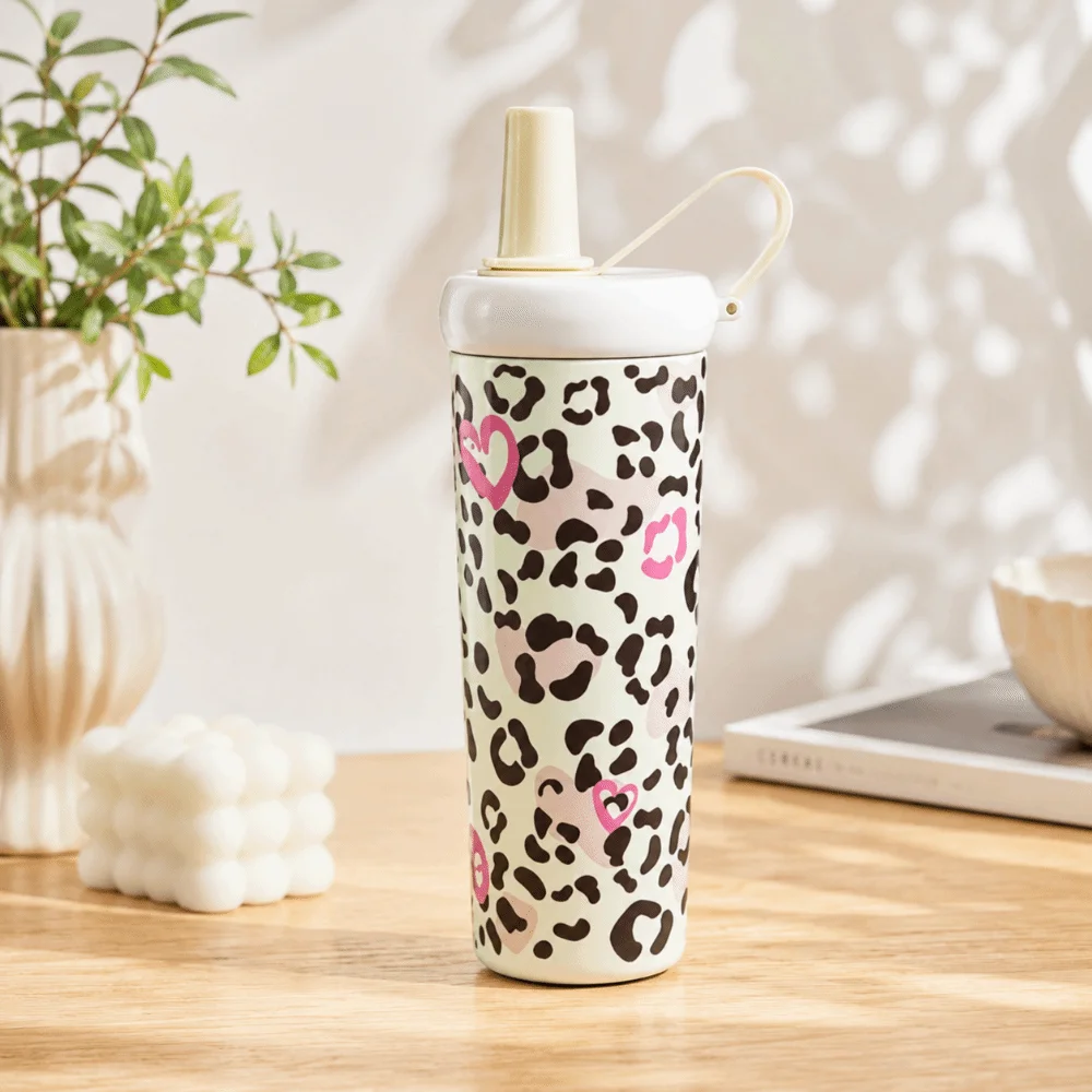 Leopard Pattern Straw Thermos Cup 750ML Large Capacity Thermal Water Bottle Durable Stainless Steel Drinking Straw Cup Household