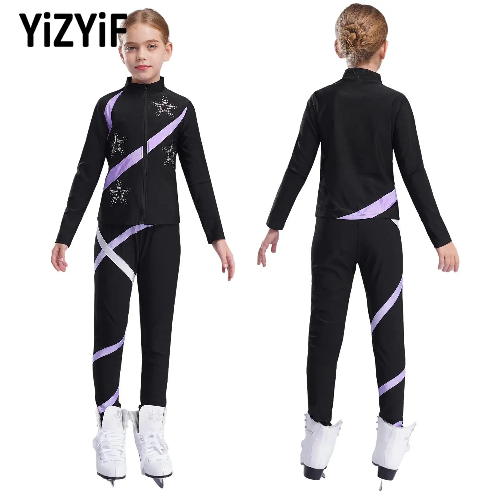 レギンス、スポーツセット、体操、トレーニング、ヨガフィギュア、スケートコスチューム、子供と女の子のための光沢のあるラインストーンスター長袖スウェットシャツ